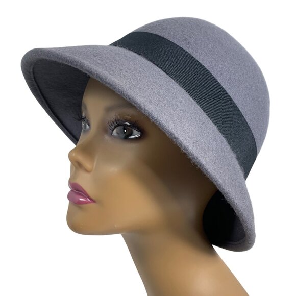 Womens Gray Wool Felt Flapper Cloche Bucket Bowler Hat One Size EUC - Picture 2 of 6